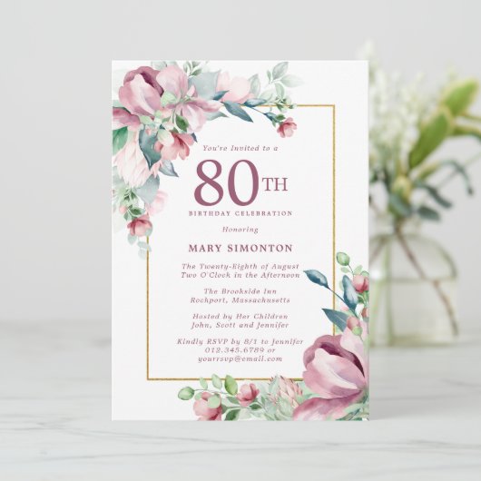 絶妙ピンクローズフローラ80誕生日 招待状 (スタンド正面)