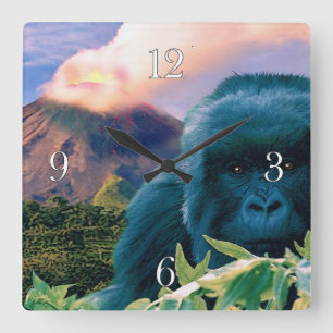 絶滅危惧山ゴリラ&アフリカ火山 スクエア壁時計