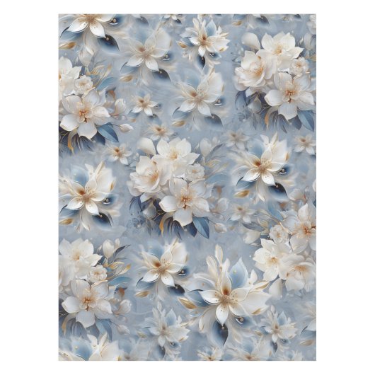 絹に柔らかい青、白、金ゴールドの花 テーブルクロス (正面)