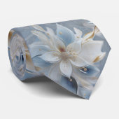 絹に柔らかい青、白、金ゴールドの花 ネクタイ (ロール)