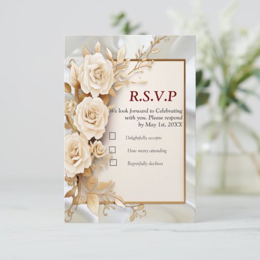 絹に白い花と真珠を付けたお祝い 出欠カード (スタンド正面)