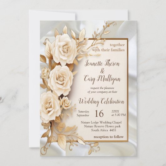 絹に白い花と真珠を付けたお祝い 招待状 (正面)