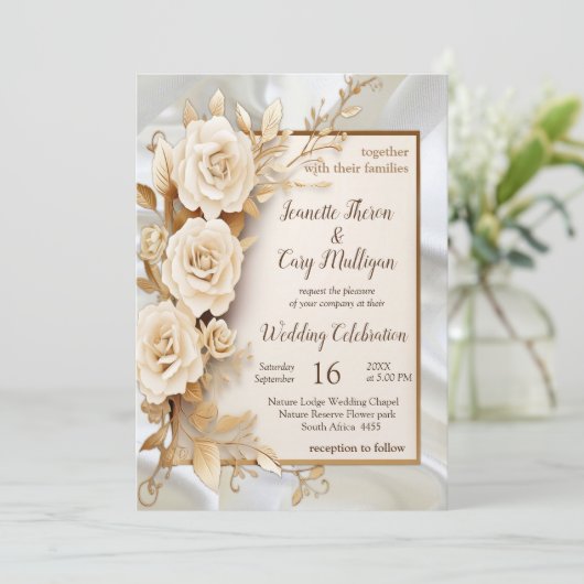 絹に白い花と真珠を付けたお祝い 招待状 (スタンド正面)