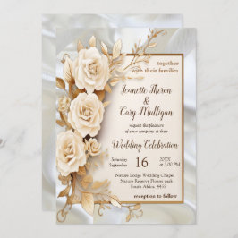 絹に白い花と真珠を付けたお祝い 招待状