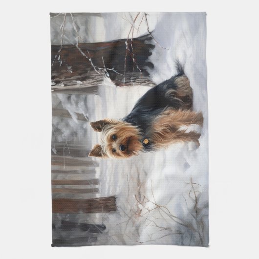 絹のようなテリアが雪のクリスマスを許した キッチンタオル (縦)