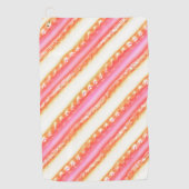 絹のようなピンクストライプからベージュの幅広いにレースのような ゴルフタオル (正面)