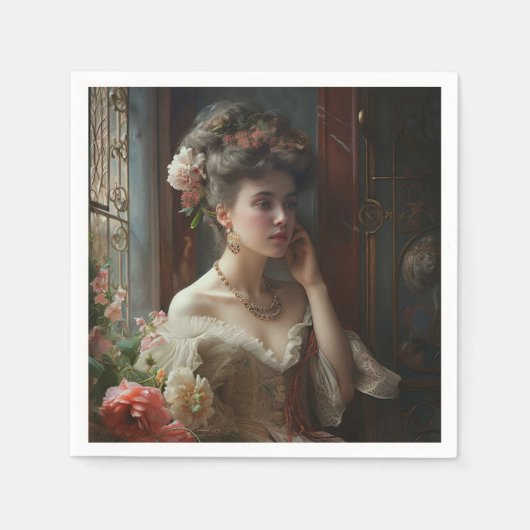 絹の花のドレスを着た豪華な女性。 スタンダードカクテルナプキン (正面)