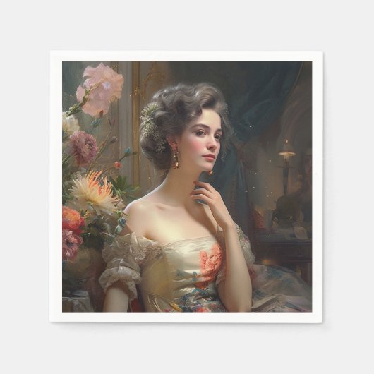 絹の花のドレスを着た豪華な女性。 スタンダードカクテルナプキン (正面)