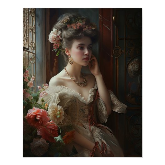 絹の花のドレスを着た豪華な女性。 ポスター (正面)