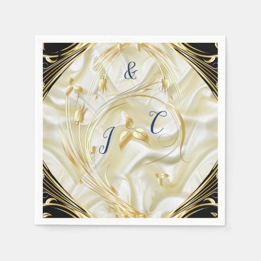 絹地に金ゴールドを施した黒 スタンダードカクテルナプキン (正面)