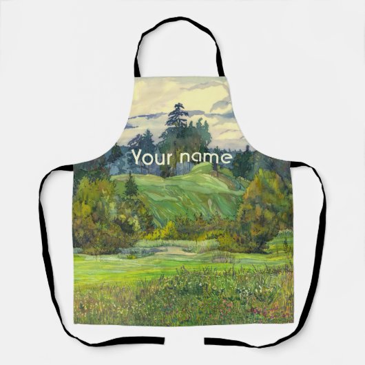 絹絵画に松の水彩 エプロン (正面)