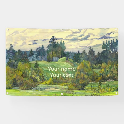 絹絵画に松の水彩 横断幕 (横)