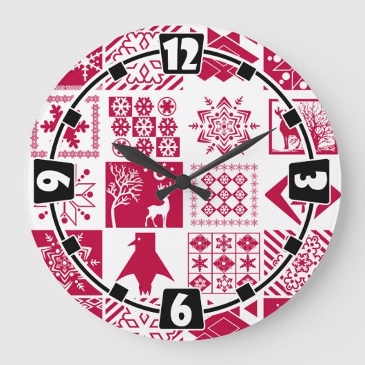 継ぎ目のないクリスマス要素の幾何学的スノーフレーク ラージ壁時計 (正面)