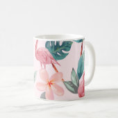 継ぎ目のないフラミンと熱帯の花のイラストレーション コーヒーマグカップ (正面右)