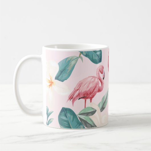 継ぎ目のないフラミンと熱帯の花のイラストレーション コーヒーマグカップ (左)