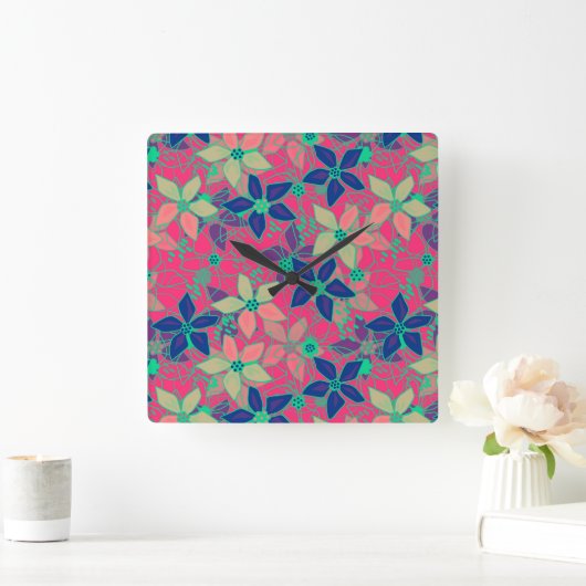継ぎ目のないフローラの花パターン明るい夏の赤 スクエア壁時計 (ホーム)
