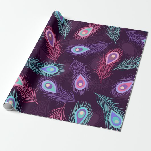 継ぎ目のない手で孔雀の羽模様を描く。ビント ラッピングペーパー (アンロールド)