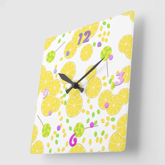 継ぎ目のない明るいレモンスライスの棒つきキャンデー甘味 スクエア壁時計 (傾斜)