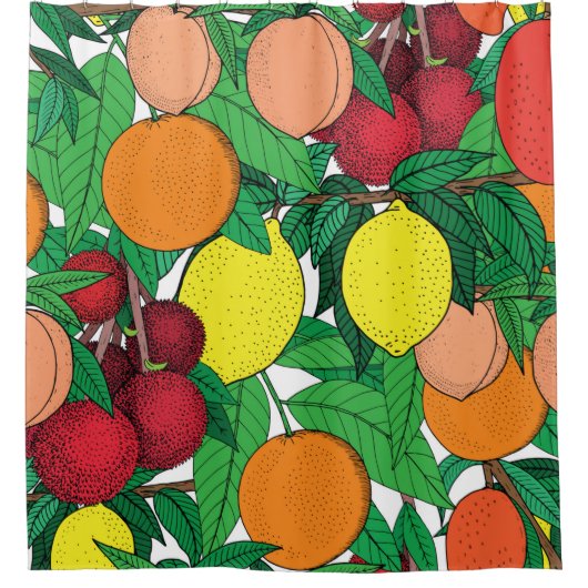 継ぎ目のない果実柄、手描きのスケッチ、オレンジ シャワーカーテン (正面)