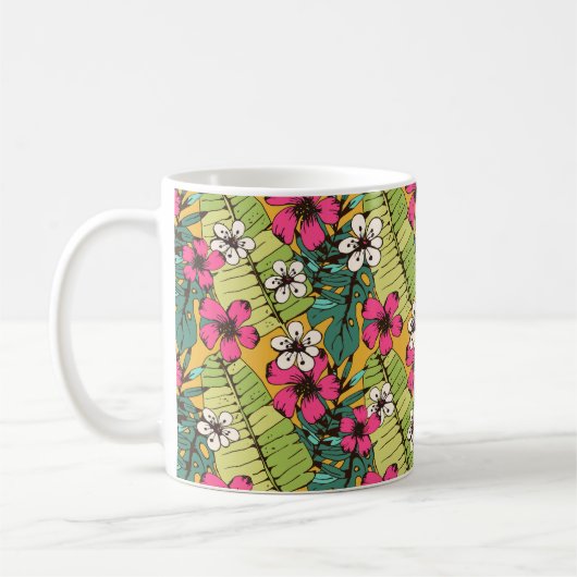 継ぎ目のない模様(熱帯の花、ヤシ離れ) コーヒーマグカップ (左)