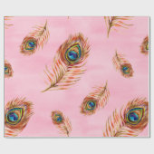 継ぎ目のない水彩パターンと金ゴールドピーコックフィーチャー ラッピングペーパー (フラット)