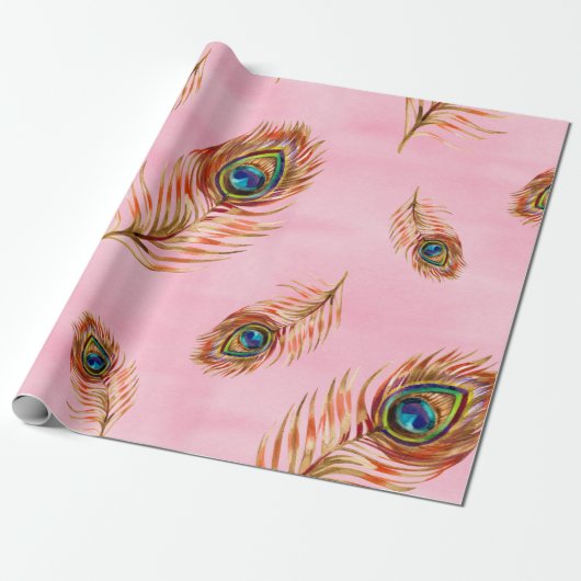 継ぎ目のない水彩パターンと金ゴールドピーコックフィーチャー ラッピングペーパー (アンロールド)