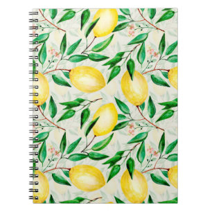継ぎ目のない水彩果実のパターン。小枝に対するレモン ノートブック