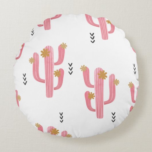 継ぎ目のない水彩花サボテンの花模様。ビント ラウンドクッション (正面)