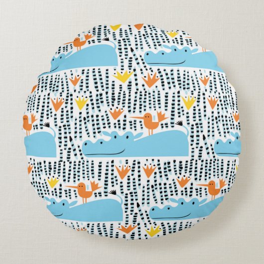 継ぎ目のない湖のヒッポと鳥 ラウンドクッション (正面)