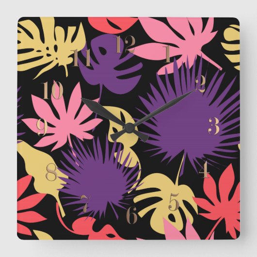 継ぎ目のない熱帯葉パターン スクエア壁時計 (正面)