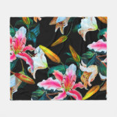 継ぎ目のない花柄。白とピンクのユリ  フリースブランケット (正面(横))