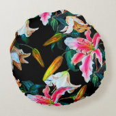 継ぎ目のない花柄。白とピンクのユリ  ラウンドクッション (裏面)