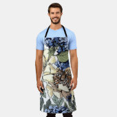 継ぎ目のない花柄。紫陽花、牡丹、ウィルフ エプロン (着用した状態)