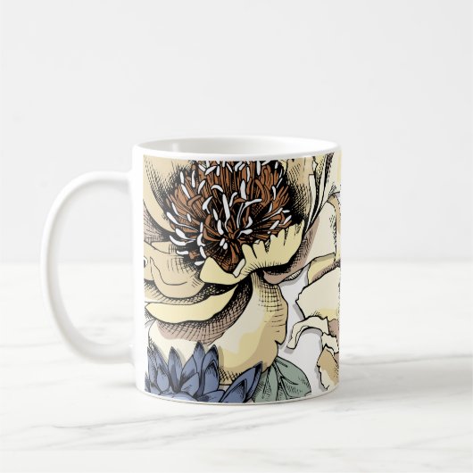 継ぎ目のない花柄。紫陽花、牡丹、ウィルフ コーヒーマグカップ (左)