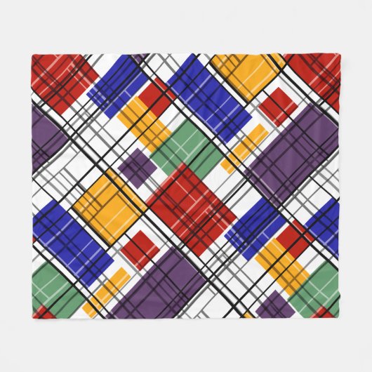 継ぎ目市松模様に無い格子形幾何正方形が並んだ フリースブランケット (正面(横))