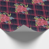 継ぎ目市松模様に無い格子状のタータンチェック黒い赤い花 ラッピングペーパー (角)