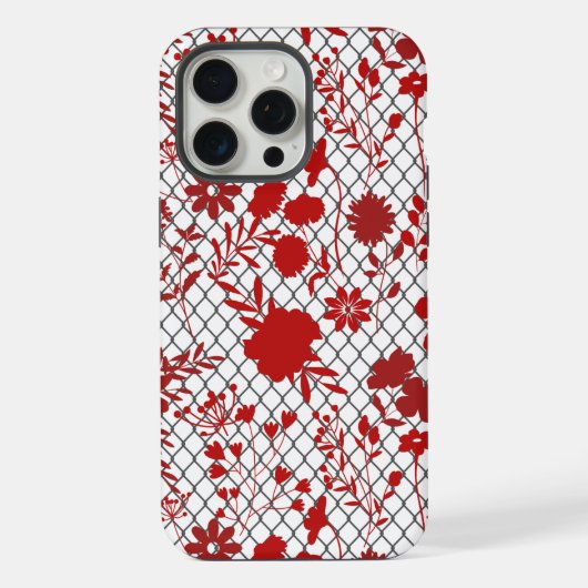 網目上の赤い花の輪郭 iPhoneケース (裏面)