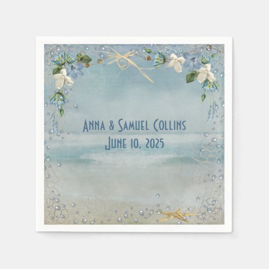 網目付きヒトデとビーチ花 スタンダードカクテルナプキン (正面)
