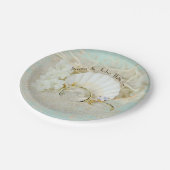 網結婚の砂の中の指輪と貝殻 ペーパープレート (アングル)
