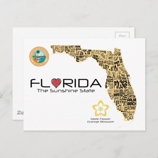 綴られるすべての郡が付いているフロリダの地図 ポストカード (正面/裏面)