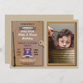 綴りの本の魔法使いの魔法使いの誕生会の写真 招待状 (正面/裏面)