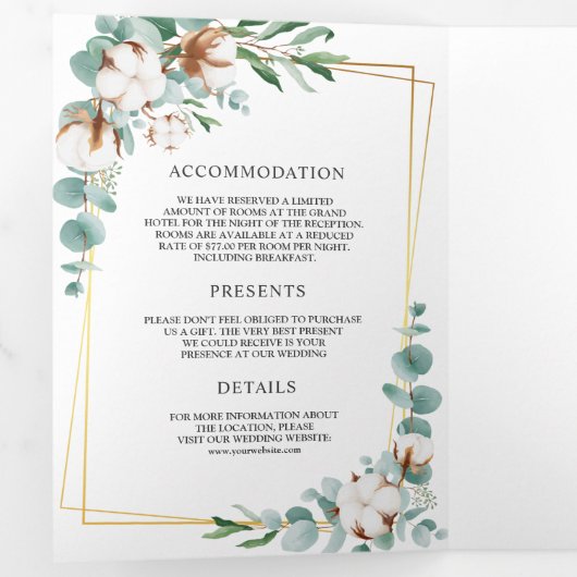 綿ユーカリ金ゴールドフレーム結婚すべて 三つ折り招待状 (内部最初)