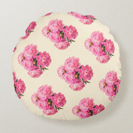 綿ヴィンテージ水彩ピンク牡丹フローラ ラウンドクッション