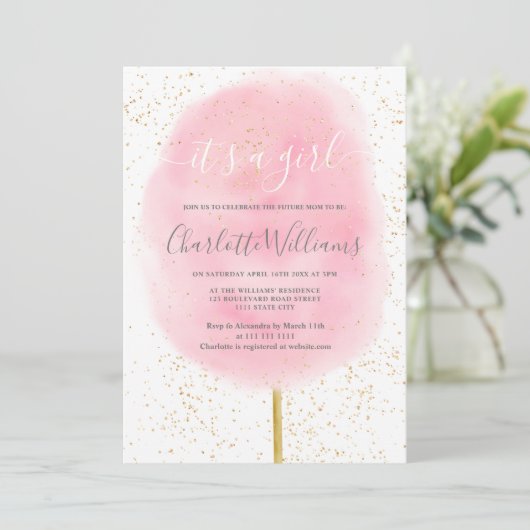 綿菓子グリッターピンクの水の色のベビーシャワー 招待状 (スタンド正面)