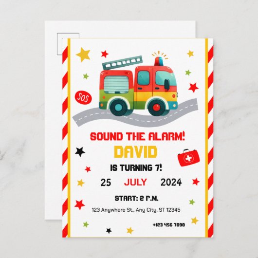 緊急おもしろい!消防車をテーマにしたパーティの招待状 インビテーションポストカード (正面/裏面)
