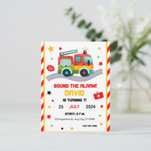 緊急おもしろい!消防車をテーマにしたパーティの招待状 インビテーションポストカード (スタンド正面)