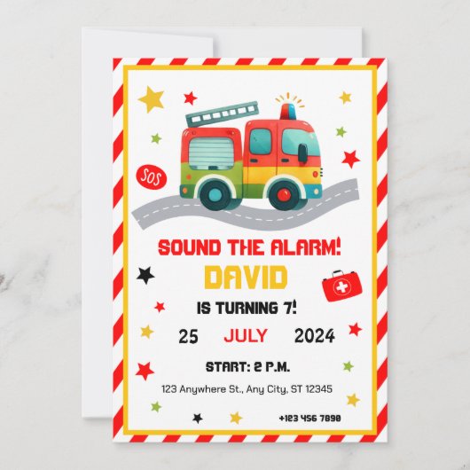 緊急おもしろい!消防車をテーマにしたパーティの招待状 招待状 (正面)