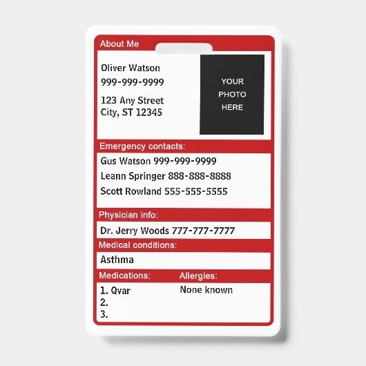 緊急の医学IDカード バッジ (正面)