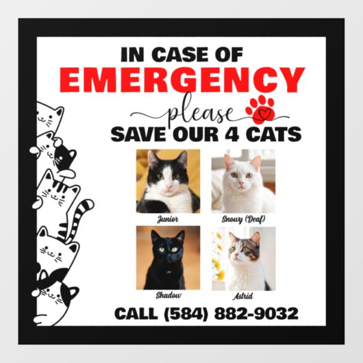 緊急の場合救は写真付きカスタム猫4 ウィンドウサイン (シート)