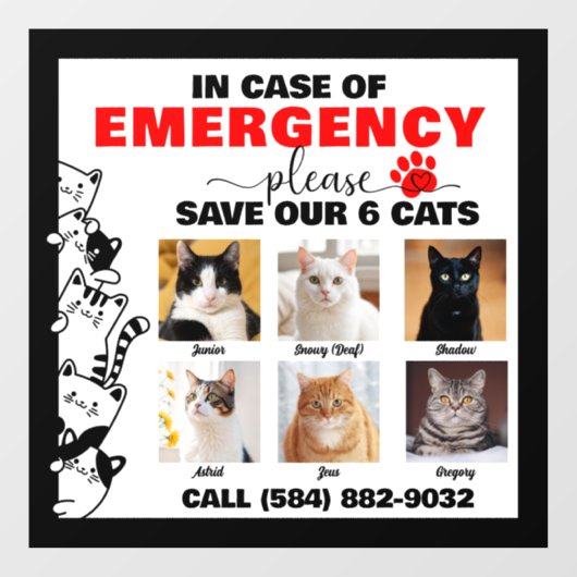 緊急の場合救は6猫の写真カスタム ウィンドウサイン (シート)